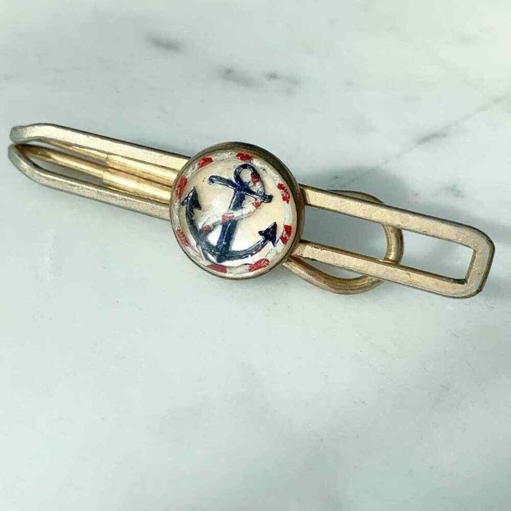 Vintage Gold Nautical Orrec Anchor Tie Clip Red Navy 50s 60s Fisherman Nautical